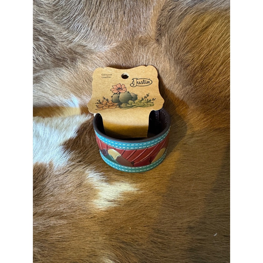 Justin Tooled Leather Cuff Bracelet Mountain Sunset Design Adjustable - New